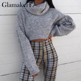 Glamaker Grey knitted turtleneck short sweater Women autumn pull crop sweater ladies jumper winter Female pull knitwear pullover