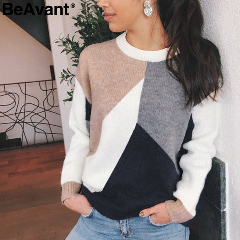 BeAvant Casual o-neck pullover sweater Knitted patchwork long sleeve women sweater 2019 England ladies chic warm winter sweater