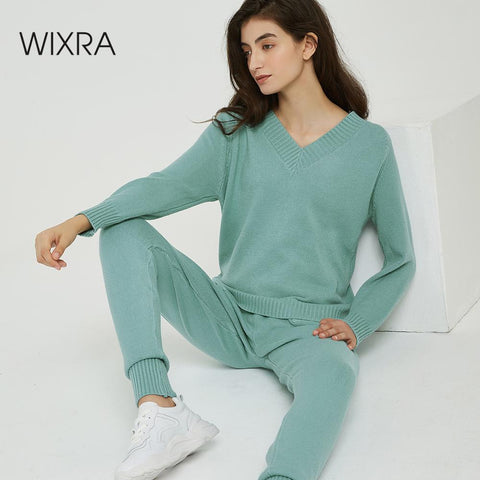 Wixra Sweater Suit and Sets Casual V Neck Sweaters Tops+Pockets Long Pants Solid Two Pieces Sets 2019 Autumn Winter