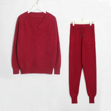 Wixra Sweater Suit and Sets Casual V Neck Sweaters Tops+Pockets Long Pants Solid Two Pieces Sets 2019 Autumn Winter