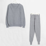 Wixra Sweater Suit and Sets Casual V Neck Sweaters Tops+Pockets Long Pants Solid Two Pieces Sets 2019 Autumn Winter