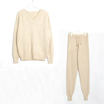 Wixra Sweater Suit and Sets Casual V Neck Sweaters Tops+Pockets Long Pants Solid Two Pieces Sets 2019 Autumn Winter