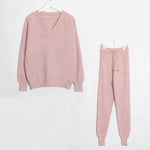 Wixra Sweater Suit and Sets Casual V Neck Sweaters Tops+Pockets Long Pants Solid Two Pieces Sets 2019 Autumn Winter