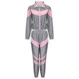 Women Tracksuits 2 Piece Set Reflective Zip Crop Top Pants Windbreaker Fashion Female Loose Glow Jacket Coat Trousers Plus Size