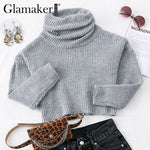 Glamaker Grey knitted turtleneck short sweater Women autumn pull crop sweater ladies jumper winter Female pull knitwear pullover