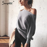 Simplee Off shoulder sexy elastic knitting pullover female Bat long sleeve knitted sweater women Fashion jumper pull knit shirt