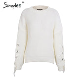 Simplee Casual o neck knitted sweater women jumper Lace up sleeve knitting pull femme 2019 autumn winter sweater pullover female