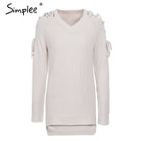 Simplee Casual o neck knitted sweater women jumper Lace up sleeve knitting pull femme 2019 autumn winter sweater pullover female