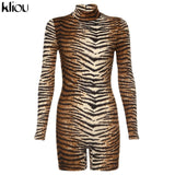 Kliou women Leopard playsuit long sleeve slim skinny rompers short jumpsuit autumn new body Leopard fashion party club bodysuit