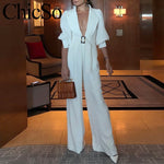 MissyChilli White lantern sleeve long pants jumpsuit Women elegant wide leg female romper Winter office lady belt sexy overalls