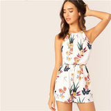 SHEIN Elastic Waist Floral Print Halter Romper 2019 Casual White Short Summer Sleeveless Tank Mid Waist Straight Leg Playsuit