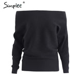 Simplee Off shoulder sexy elastic knitting pullover female Bat long sleeve knitted sweater women Fashion jumper pull knit shirt