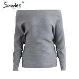 Simplee Off shoulder sexy elastic knitting pullover female Bat long sleeve knitted sweater women Fashion jumper pull knit shirt