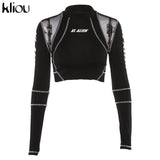 Kliou women fitness sporting two pieces set letter print turtleneck top leggings striped patchwork 2019 fashion 2 pcs tracksuits