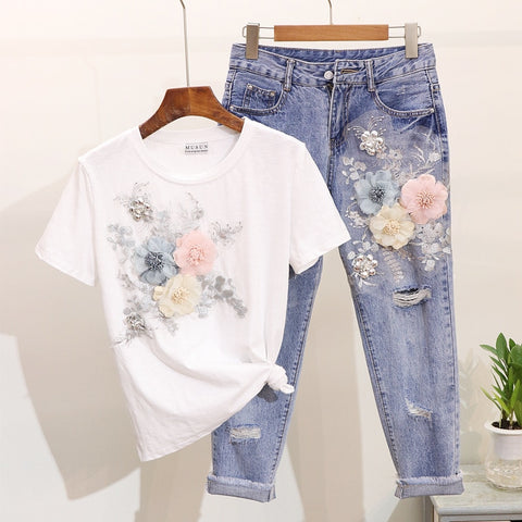 Women Summer Casual Suits Embroidery 3D Flowers Print T Shirts + Jeans 2 Piece Sets