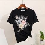 Women Summer Casual Suits Embroidery 3D Flowers Print T Shirts + Jeans 2 Piece Sets