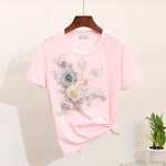 Women Summer Casual Suits Embroidery 3D Flowers Print T Shirts + Jeans 2 Piece Sets