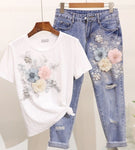 Women Summer Casual Suits Embroidery 3D Flowers Print T Shirts + Jeans 2 Piece Sets