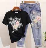 Women Summer Casual Suits Embroidery 3D Flowers Print T Shirts + Jeans 2 Piece Sets