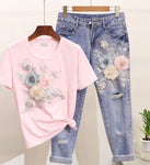 Women Summer Casual Suits Embroidery 3D Flowers Print T Shirts + Jeans 2 Piece Sets