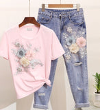 Women Summer Casual Suits Embroidery 3D Flowers Print T Shirts + Jeans 2 Piece Sets