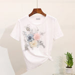 Women Summer Casual Suits Embroidery 3D Flowers Print T Shirts + Jeans 2 Piece Sets