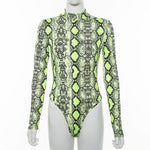 ZHYMIHRE Sexy Neon Green Snake Print Bodysuit Women Jumpsuit Long Sleeve O Neck Female Body Combinaison Femme Serpentine Overall