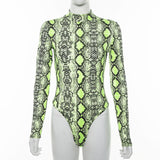 ZHYMIHRE Sexy Neon Green Snake Print Bodysuit Women Jumpsuit Long Sleeve O Neck Female Body Combinaison Femme Serpentine Overall