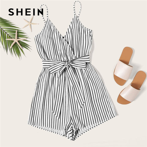 SHEIN Striped Wrap Cami Rompers Womens Jumpsuit With Belt Women Vacation Beach Sleeveless Sexy Jumpsuit 2019 Summer Playsuit