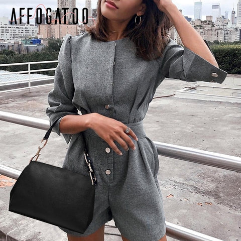 Affogatoo Elegant office ladies button Sash blazer gray jumpsuit women Vintage solid work Short playsuits Autumn casual rompers